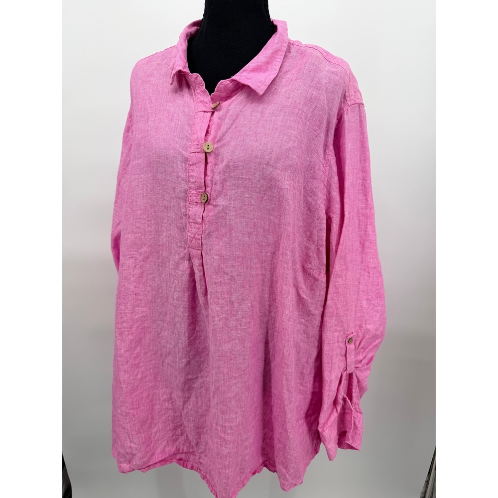 Cynthia Rowley Linen Tunic Women 3X Pink Excellent Roll-Tab Sleeve Blouse